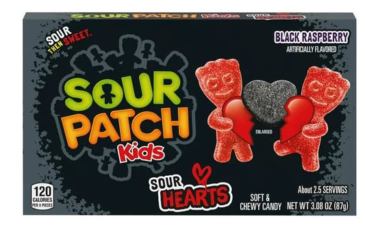 SOUR PATCH KIDS Sour Hearts Black Raspberry Soft & Chewy Candy, Valentines Candy, 3.08 oz