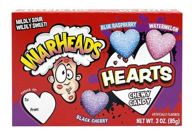 WARHEADS Blue Raspberry Watermelon Black Cherry Hearts 3oz