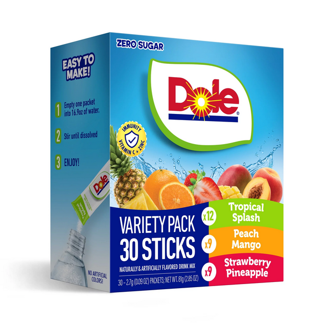 Dole Powdered Drink Mix Variety Pack, Tropical Splash, Peach Mango, Strawberry Pineapple, Sugar-Free, 30 Count