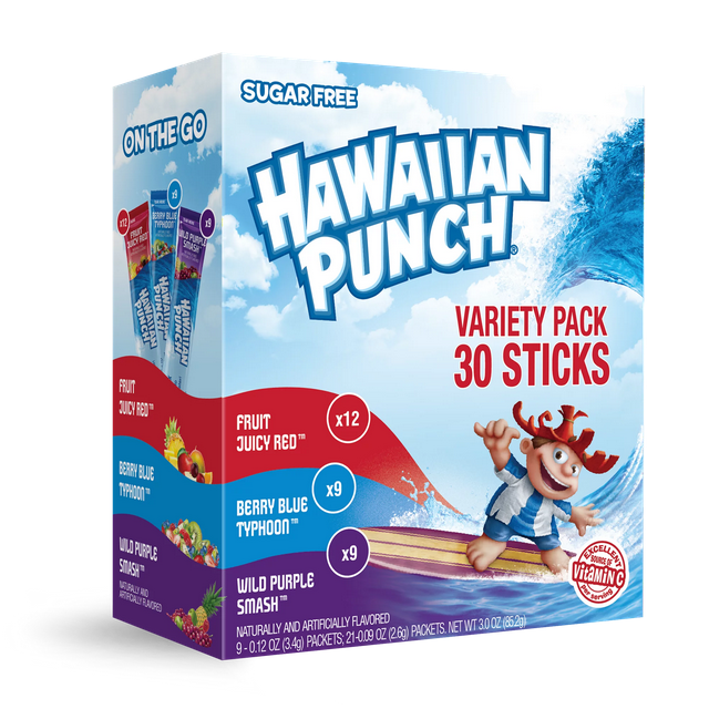 Hawaiian Punch Powder Drink Mix Variety Pack, Fruit Juicy Red, Berry Blue Typhoon, Wild Purple Smash, Sugar-free, 30 Count