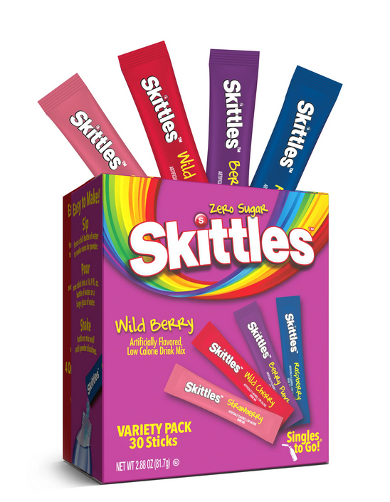 Skittles Zero Sugar Wild Berry Singles-to-Go Packs, Powdered Drink Mix, 2.88 oz, 30 Count Packets