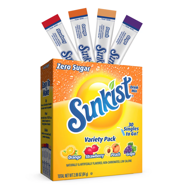 Sunkist Zero Sugar Variety Pack Singles-to-Go Powdered Drink Mix, 30 Count Packets