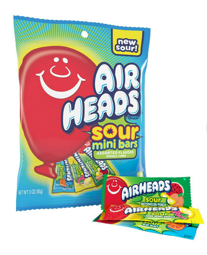 Airheads Candy Variety Bag, Individually Wrapped Assorted Sour Mini Bars, Nut Free, 3 oz