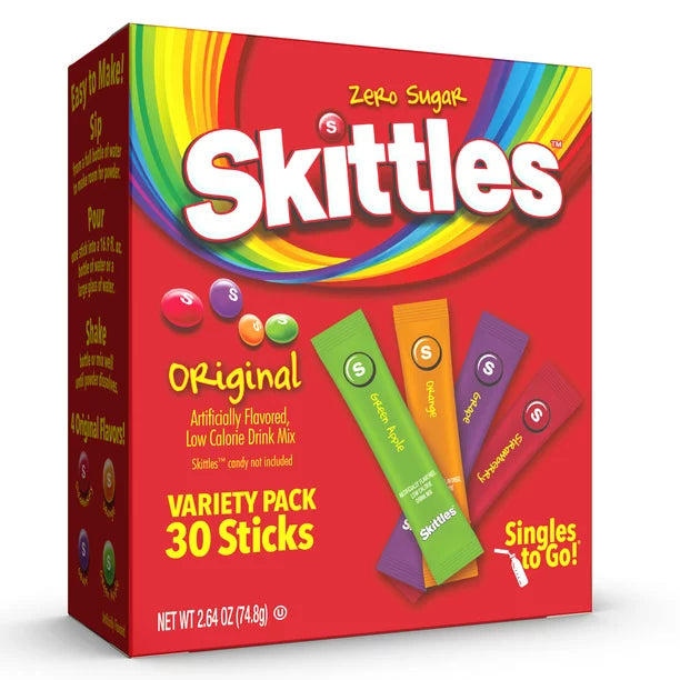 Skittles Zero Sugar Variety Pack Singles-To-Go Powdered Drink Mix, Original, 30 Count Packets